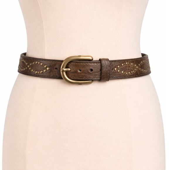 Source Unknown Accessories - Vintage Y2K Brown Leather Studded Belt Gold Hardware Boho Medium